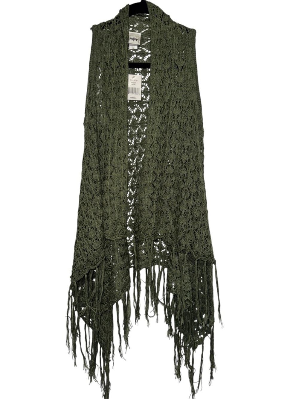 Daytrip Boho Olive Green Crochet Fringe Cardigan Vest - XS